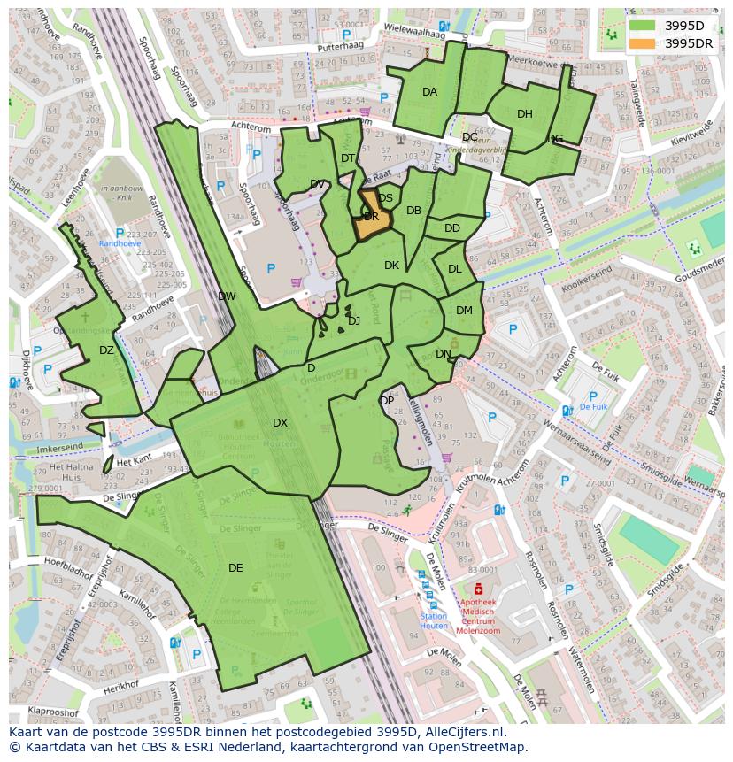 Afbeelding van het postcodegebied 3995 DR op de kaart.