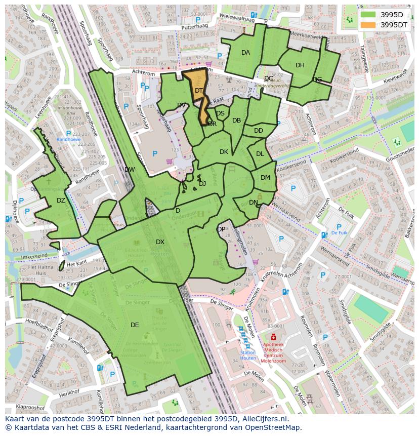 Afbeelding van het postcodegebied 3995 DT op de kaart.