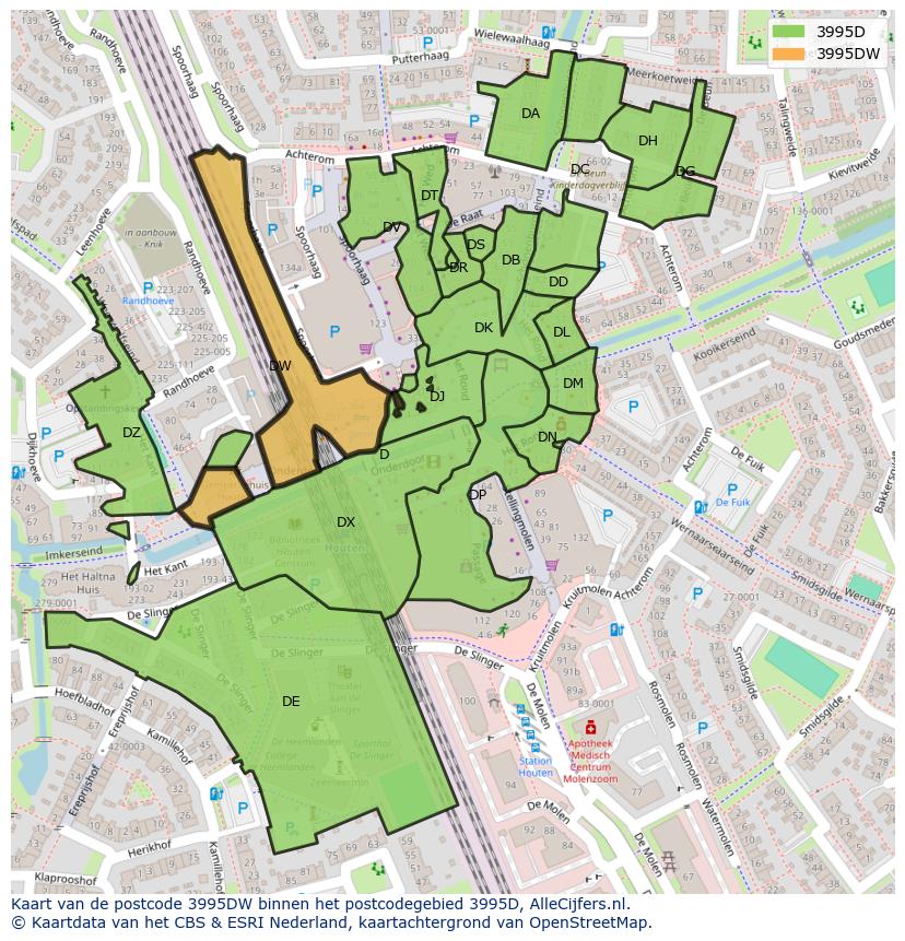 Afbeelding van het postcodegebied 3995 DW op de kaart.