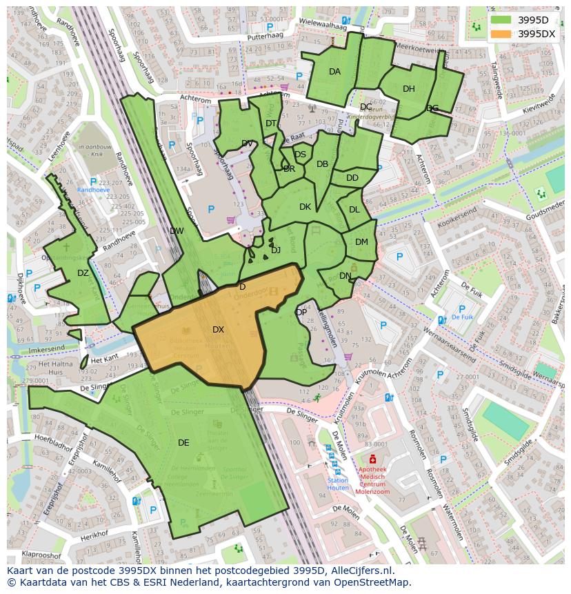 Afbeelding van het postcodegebied 3995 DX op de kaart.