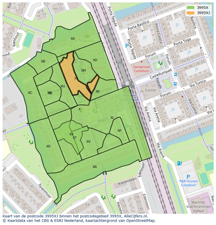 Afbeelding van het postcodegebied 3995 XJ op de kaart.