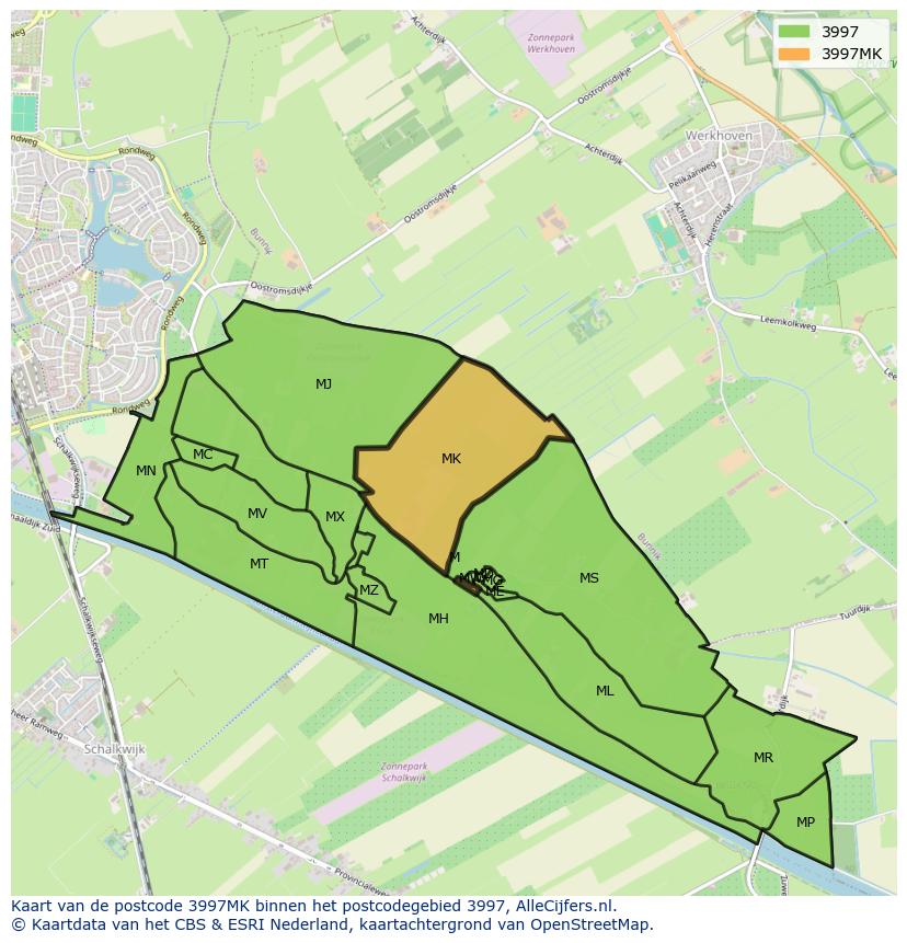 Afbeelding van het postcodegebied 3997 MK op de kaart.