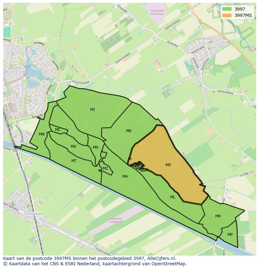 Afbeelding van het postcodegebied 3997 MS op de kaart.