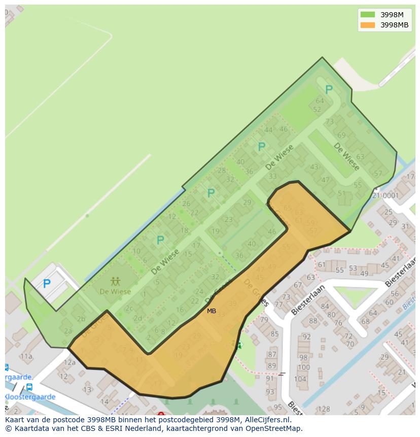 Afbeelding van het postcodegebied 3998 MB op de kaart.
