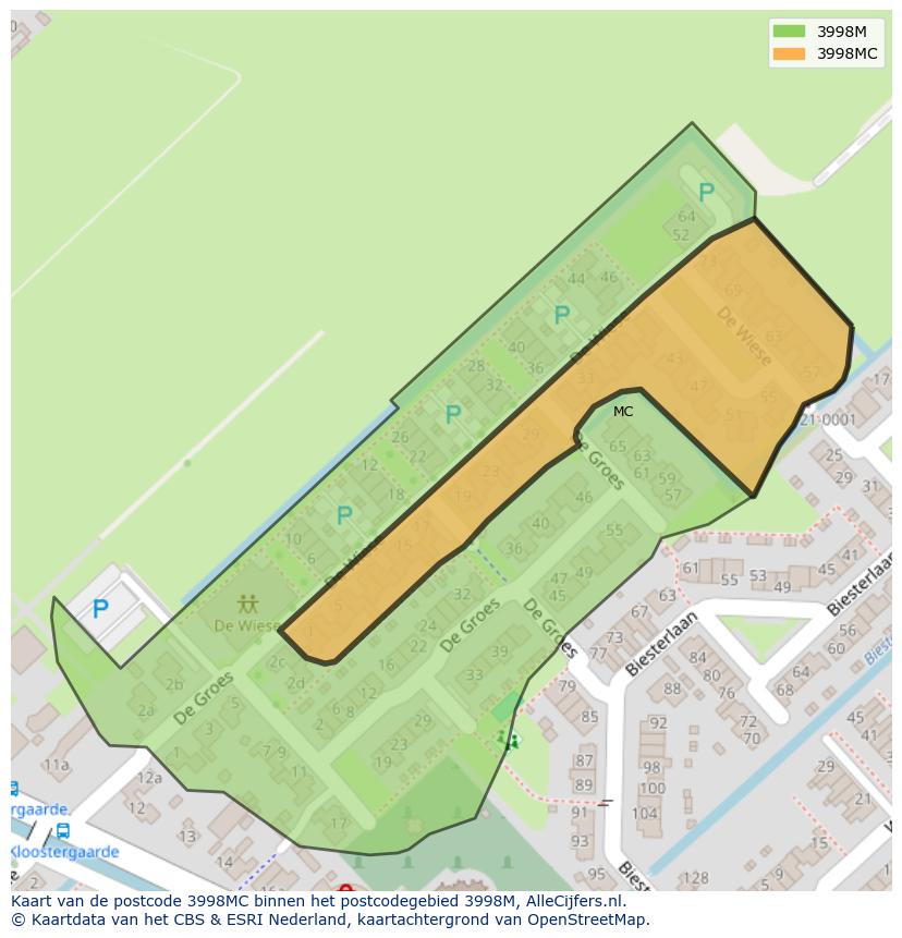 Afbeelding van het postcodegebied 3998 MC op de kaart.