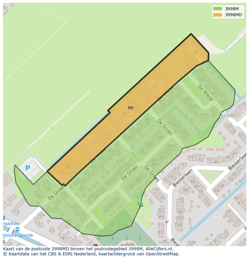 Afbeelding van het postcodegebied 3998 MD op de kaart.