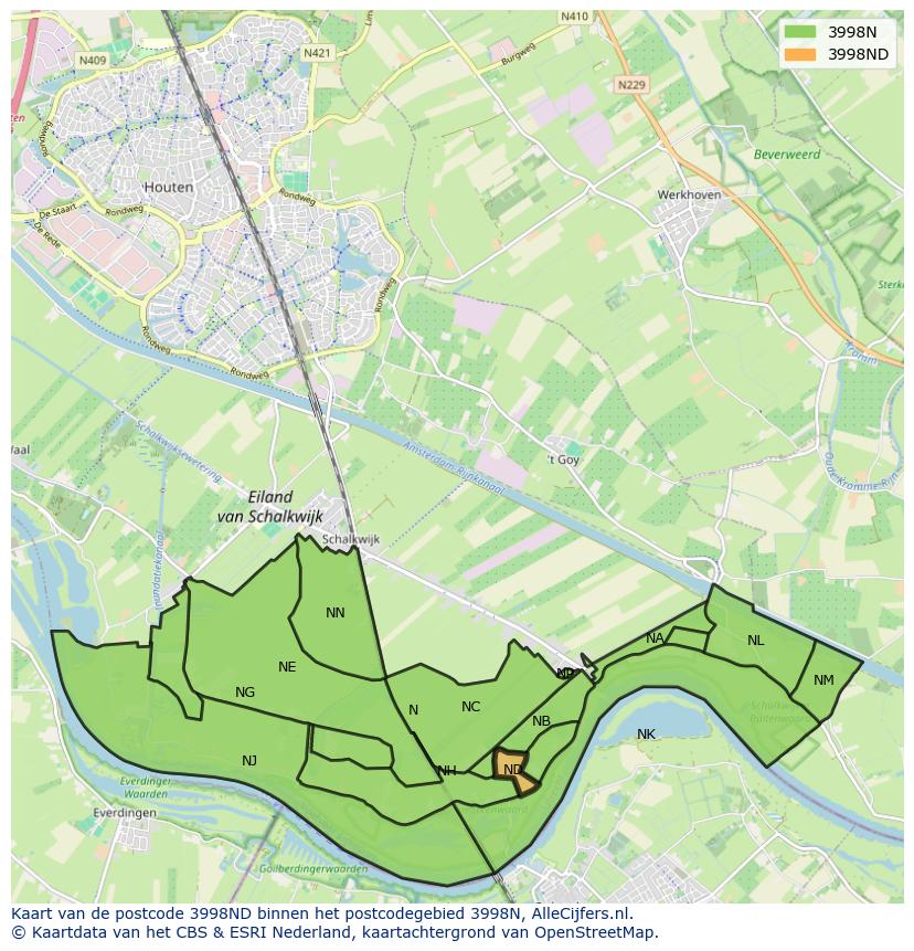 Afbeelding van het postcodegebied 3998 ND op de kaart.