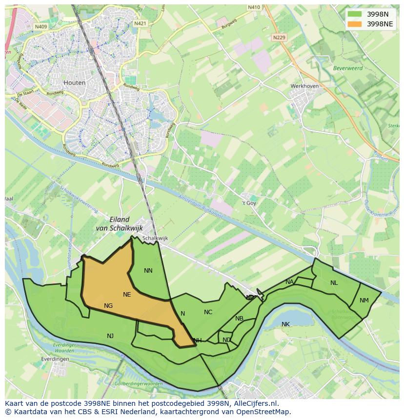 Afbeelding van het postcodegebied 3998 NE op de kaart.
