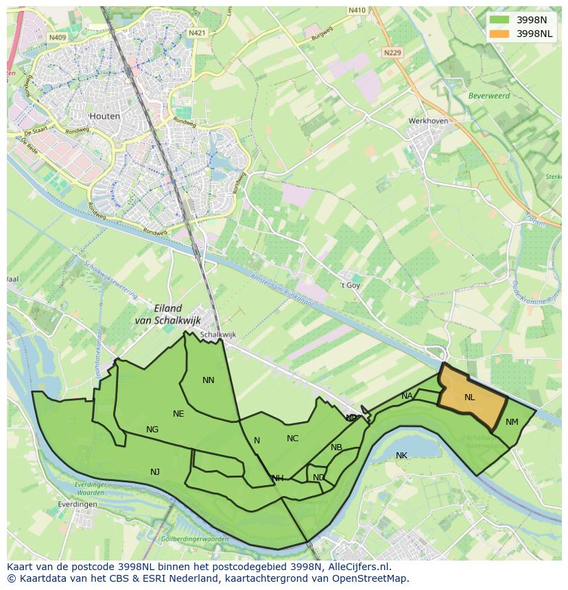 Afbeelding van het postcodegebied 3998 NL op de kaart.