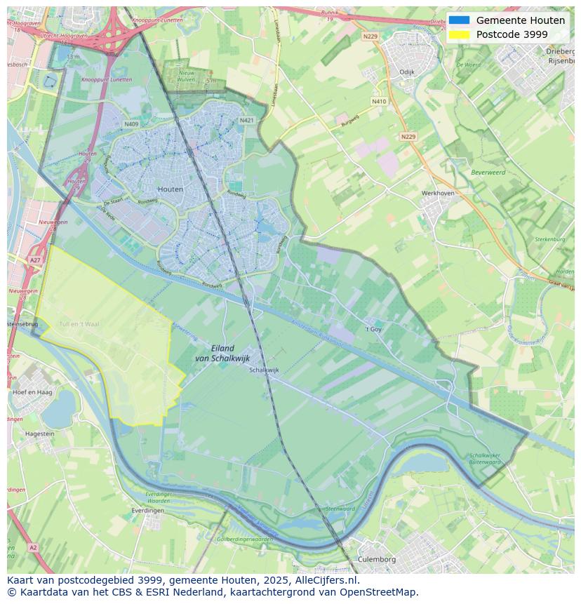 Afbeelding van het postcodegebied 3999 op de kaart.