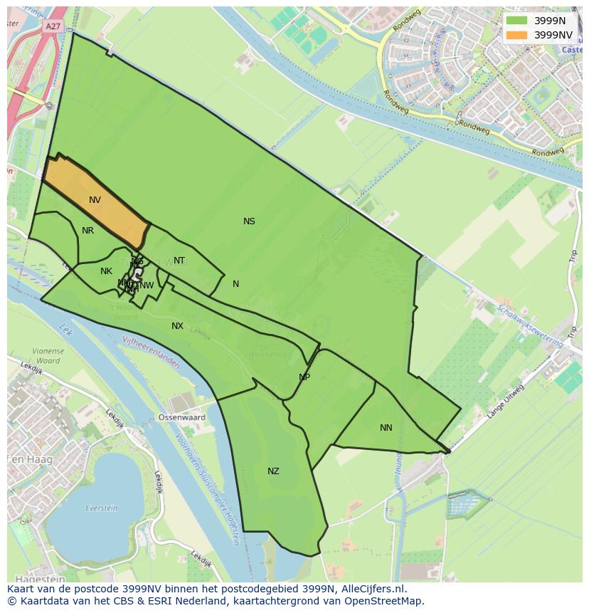 Afbeelding van het postcodegebied 3999 NV op de kaart.
