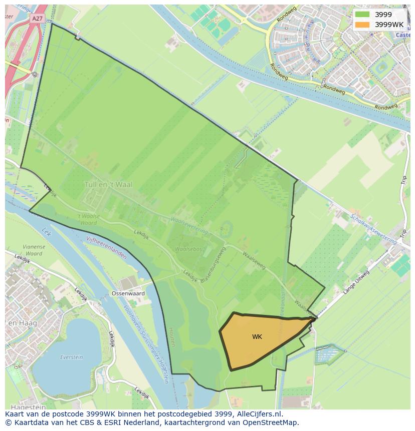 Afbeelding van het postcodegebied 3999 WK op de kaart.