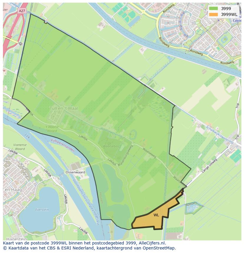Afbeelding van het postcodegebied 3999 WL op de kaart.