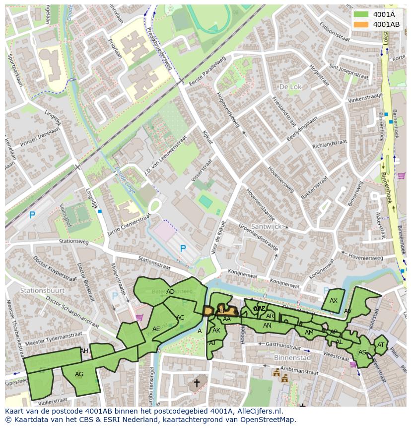 Afbeelding van het postcodegebied 4001 AB op de kaart.