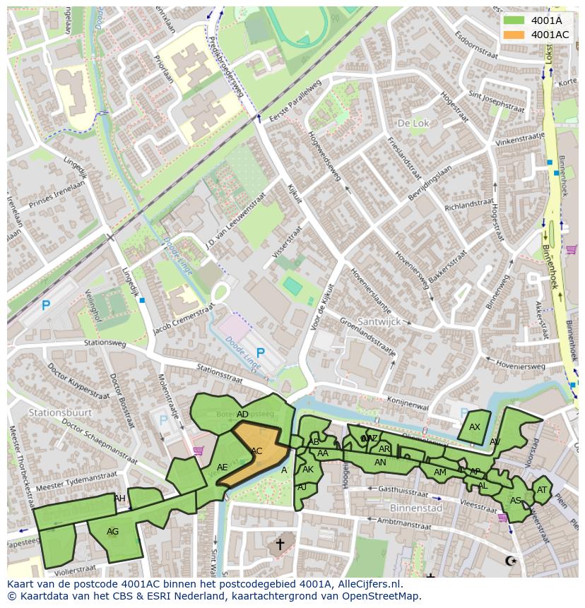 Afbeelding van het postcodegebied 4001 AC op de kaart.