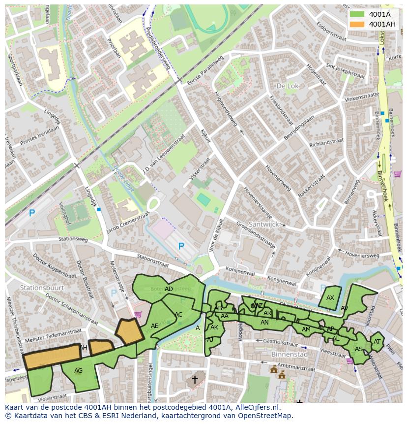 Afbeelding van het postcodegebied 4001 AH op de kaart.