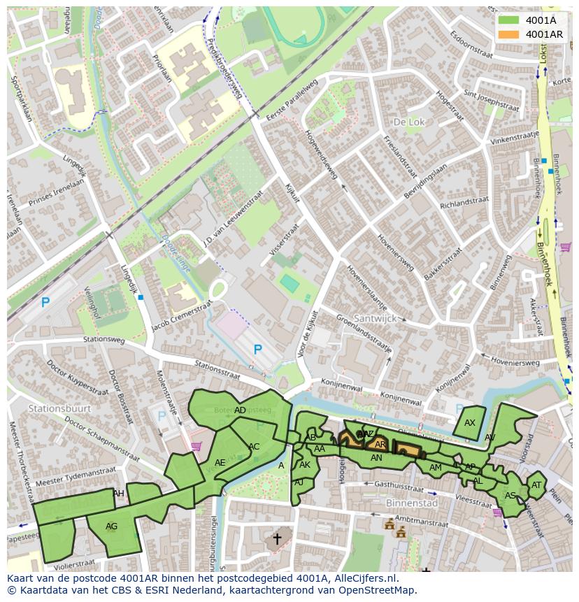 Afbeelding van het postcodegebied 4001 AR op de kaart.