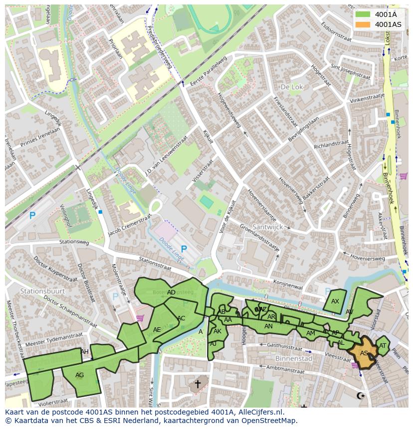 Afbeelding van het postcodegebied 4001 AS op de kaart.
