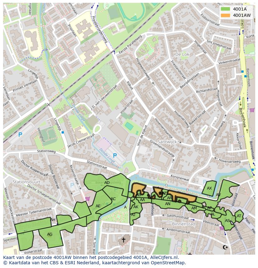 Afbeelding van het postcodegebied 4001 AW op de kaart.