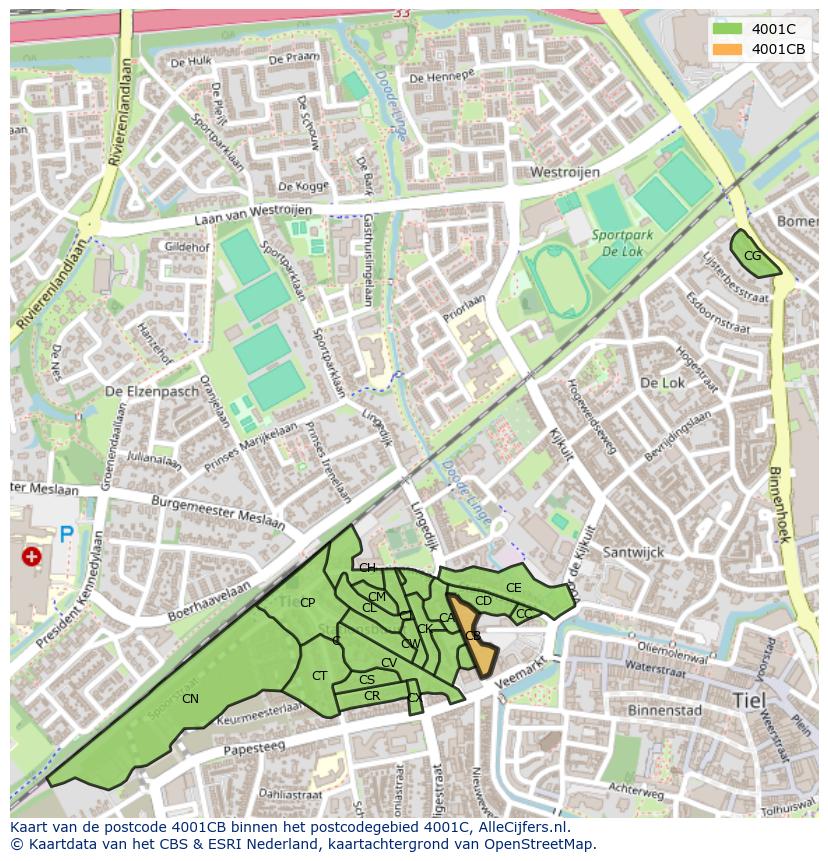 Afbeelding van het postcodegebied 4001 CB op de kaart.