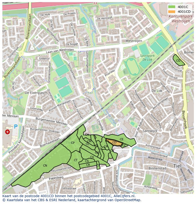 Afbeelding van het postcodegebied 4001 CD op de kaart.