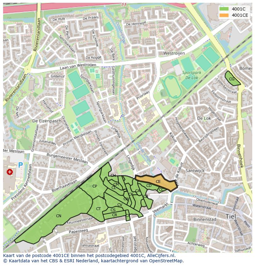 Afbeelding van het postcodegebied 4001 CE op de kaart.