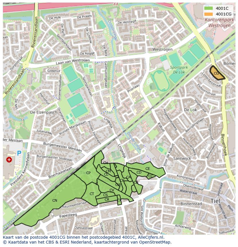 Afbeelding van het postcodegebied 4001 CG op de kaart.