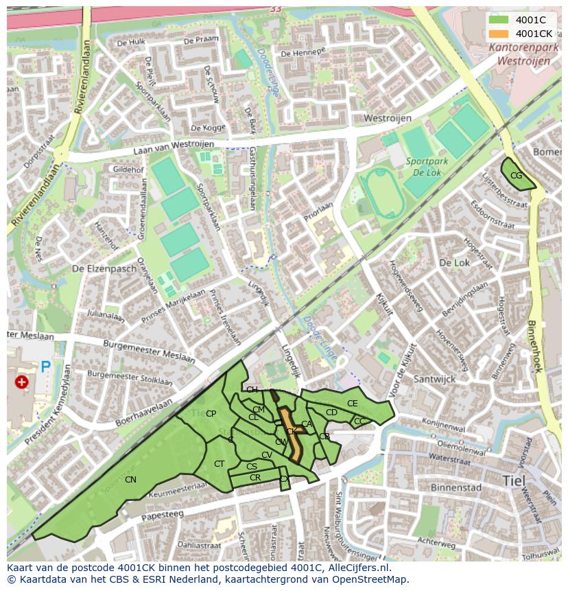 Afbeelding van het postcodegebied 4001 CK op de kaart.