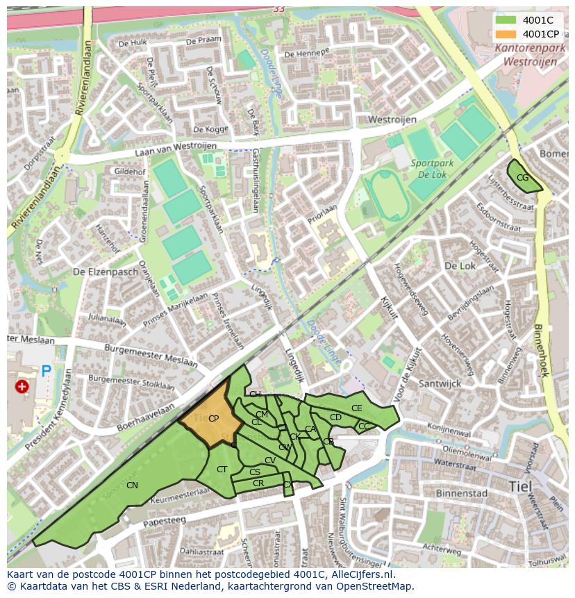 Afbeelding van het postcodegebied 4001 CP op de kaart.
