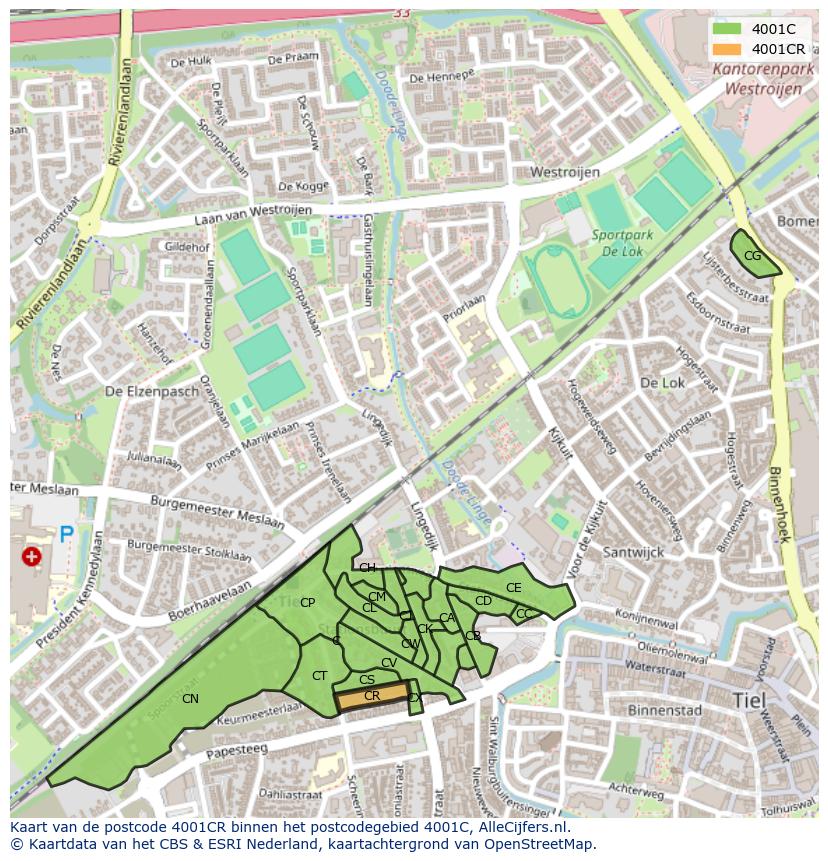 Afbeelding van het postcodegebied 4001 CR op de kaart.