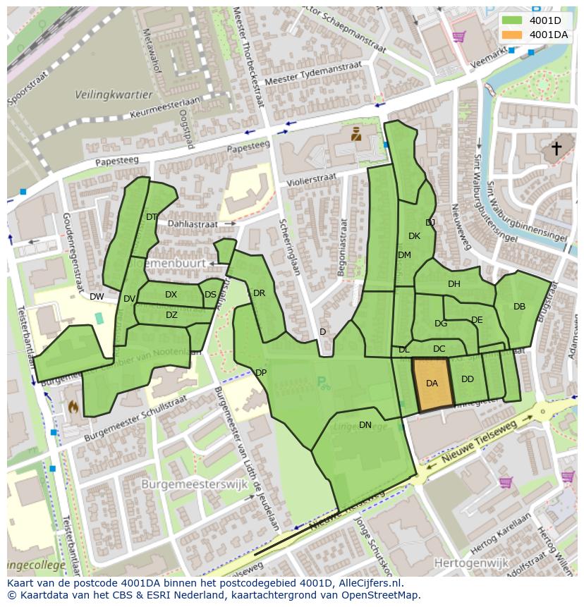 Afbeelding van het postcodegebied 4001 DA op de kaart.
