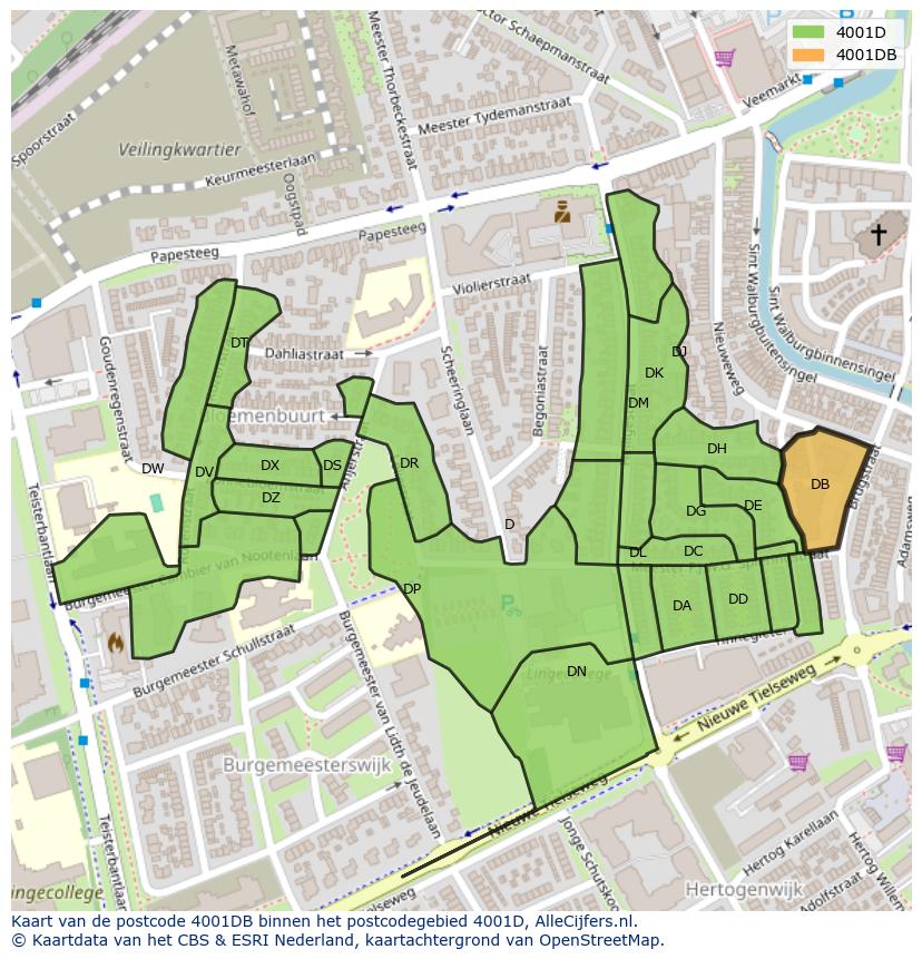 Afbeelding van het postcodegebied 4001 DB op de kaart.