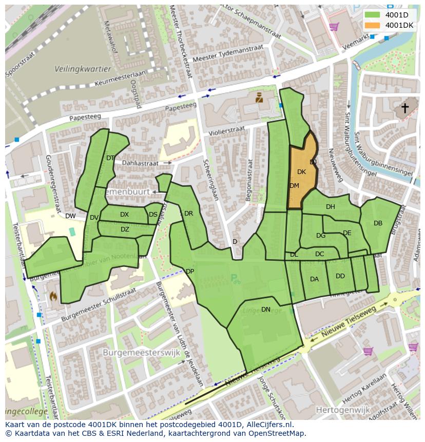 Afbeelding van het postcodegebied 4001 DK op de kaart.