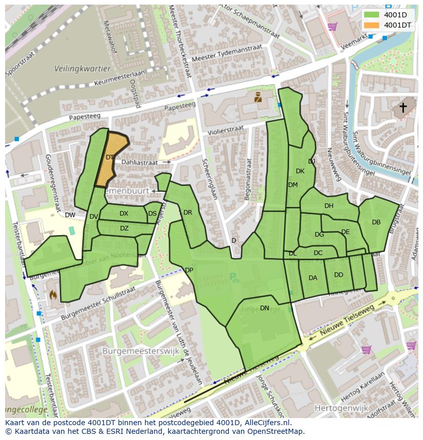 Afbeelding van het postcodegebied 4001 DT op de kaart.