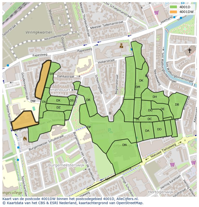 Afbeelding van het postcodegebied 4001 DW op de kaart.