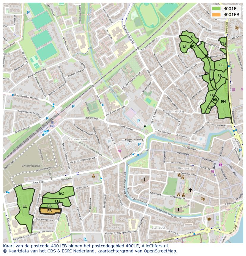 Afbeelding van het postcodegebied 4001 EB op de kaart.