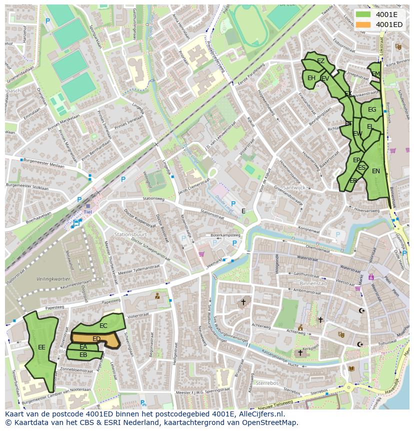 Afbeelding van het postcodegebied 4001 ED op de kaart.