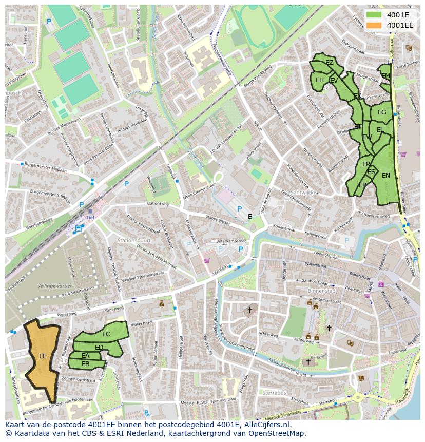 Afbeelding van het postcodegebied 4001 EE op de kaart.