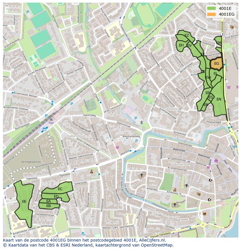 Afbeelding van het postcodegebied 4001 EG op de kaart.