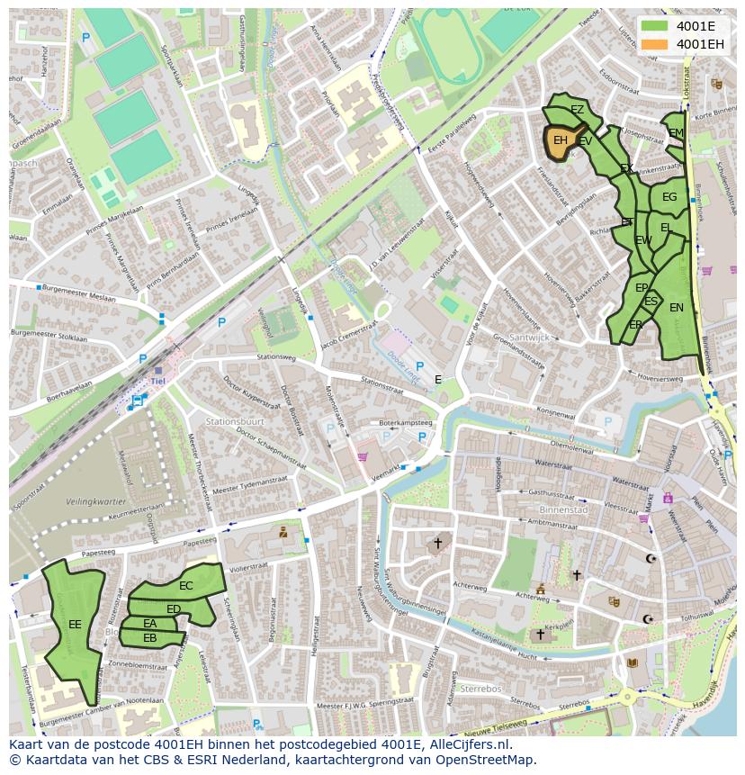 Afbeelding van het postcodegebied 4001 EH op de kaart.
