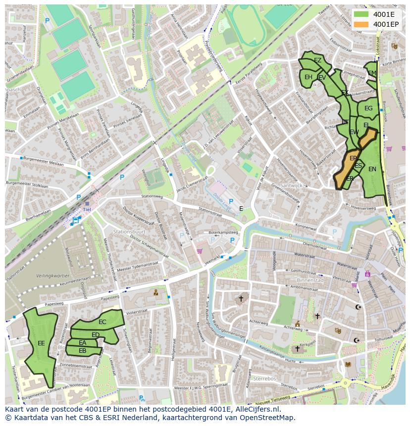 Afbeelding van het postcodegebied 4001 EP op de kaart.