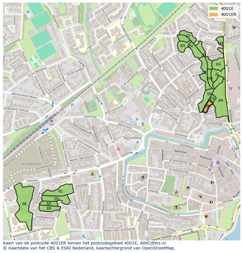 Afbeelding van het postcodegebied 4001 ER op de kaart.