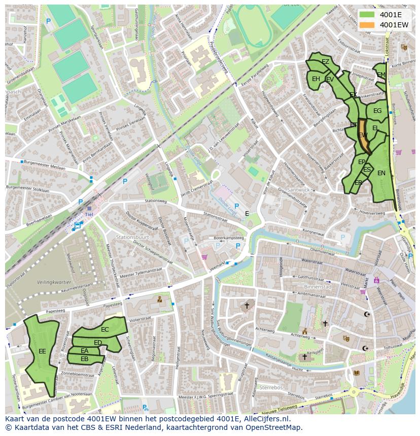 Afbeelding van het postcodegebied 4001 EW op de kaart.