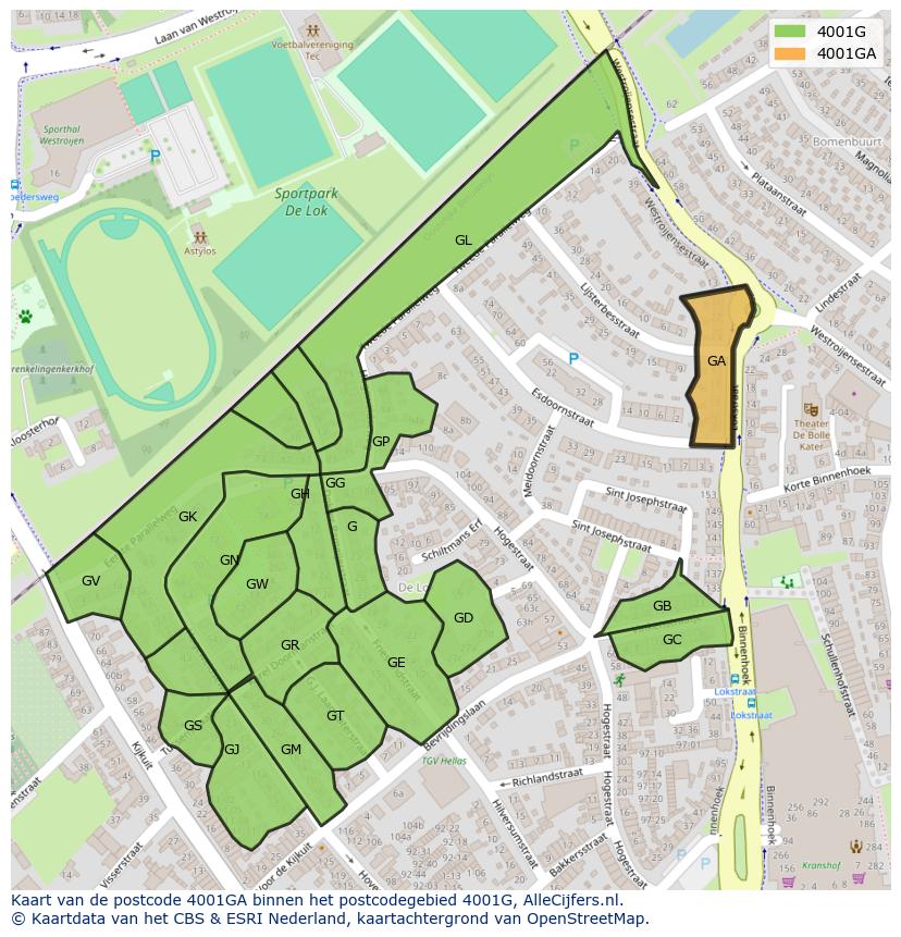 Afbeelding van het postcodegebied 4001 GA op de kaart.