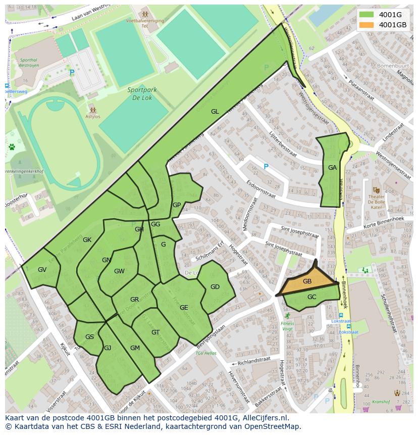 Afbeelding van het postcodegebied 4001 GB op de kaart.