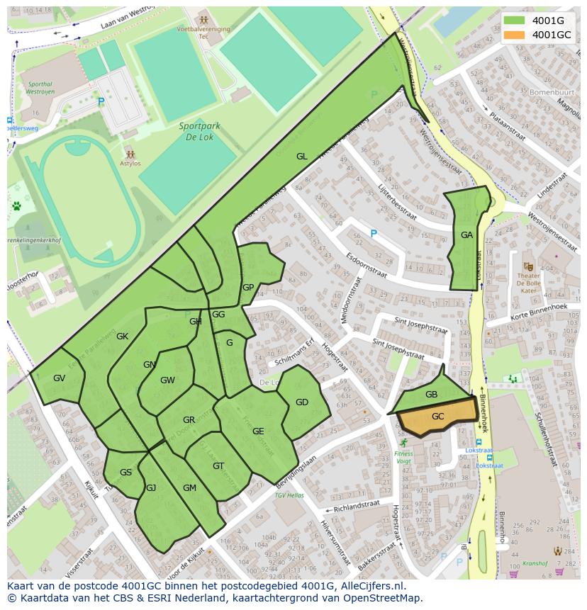 Afbeelding van het postcodegebied 4001 GC op de kaart.