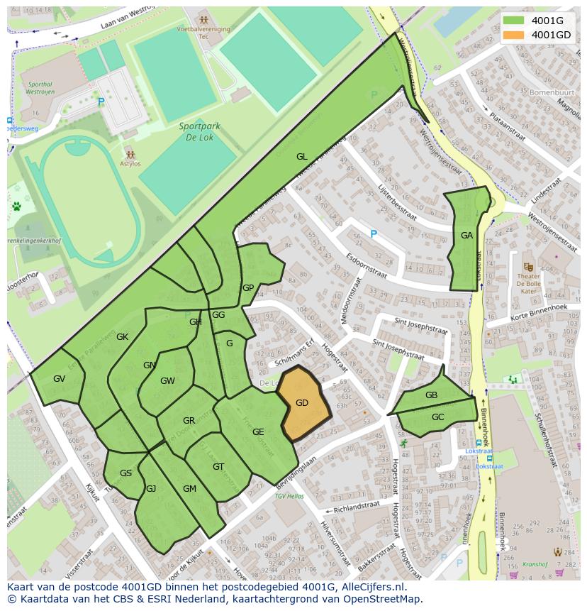 Afbeelding van het postcodegebied 4001 GD op de kaart.