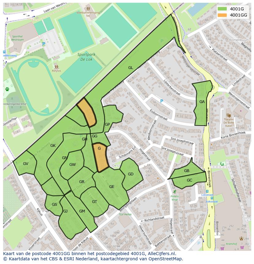 Afbeelding van het postcodegebied 4001 GG op de kaart.
