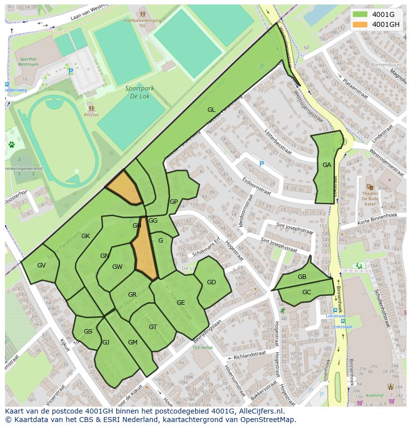 Afbeelding van het postcodegebied 4001 GH op de kaart.