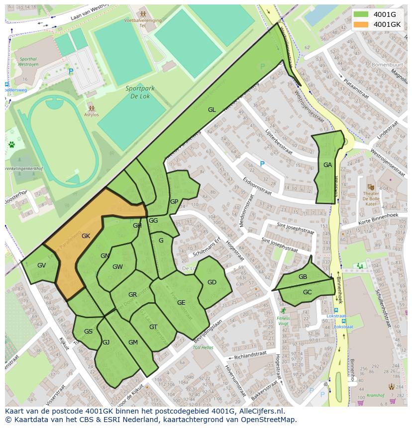 Afbeelding van het postcodegebied 4001 GK op de kaart.